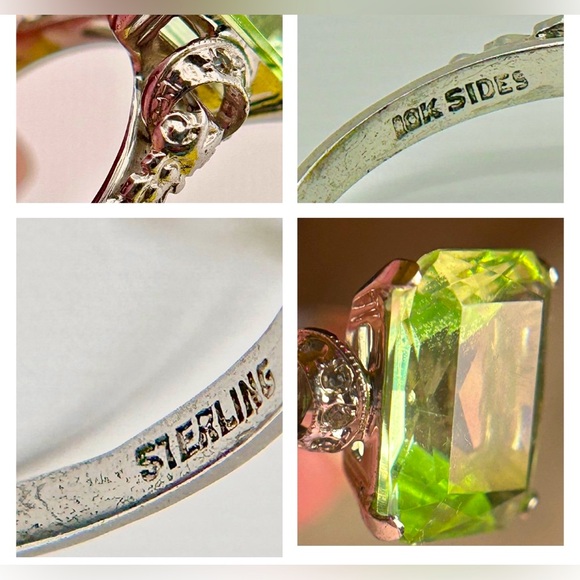 Estate sz6.25 10kt/925 3.85ct URANIUM GEM & Diamond shoulder gothic deco ring - Picture 6 of 16